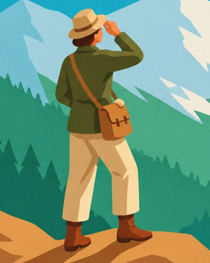 La randonneuse de dos, chapeau beige et sac en bandoulière, face aux montagnes