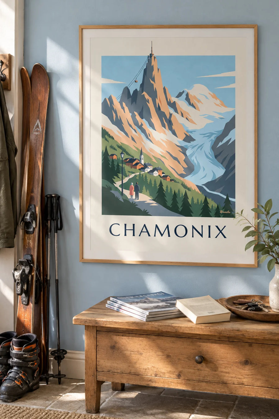 Poster Mont Blanc-massief gezien vanuit Chamonix: ingelijst aan de muur