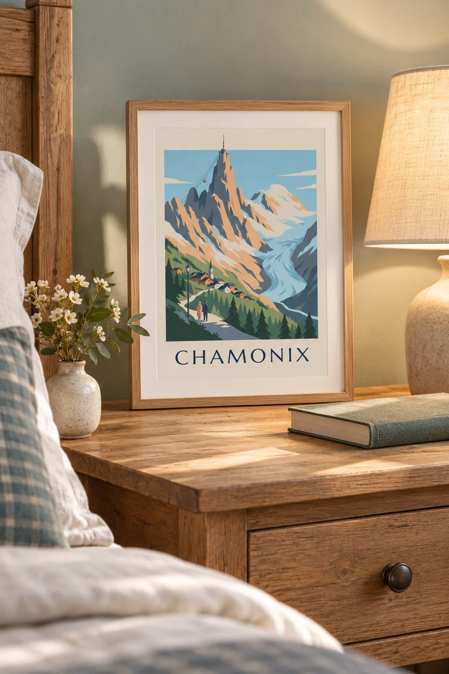 Poster Mont Blanc-massief gezien vanuit Chamonix: klein A4-formaat in lijst