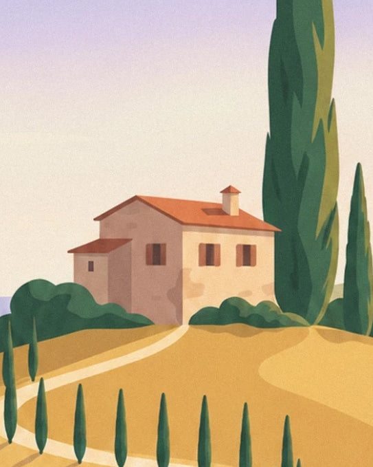An ochre house with a red tiled roof surrounded by cypress trees and golden hills