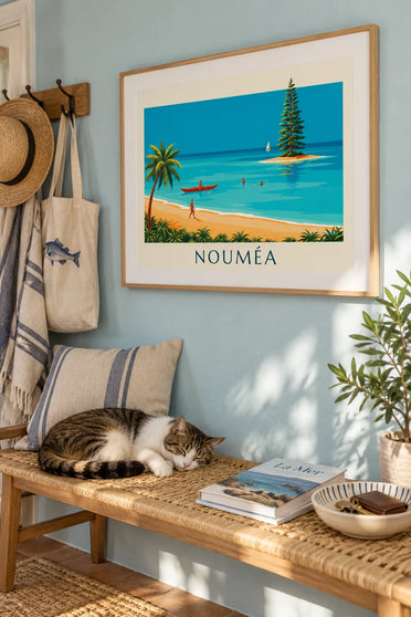 Poster piroge en zuilvormige den in de lagune van Nouméa: ingelijst aan de muur