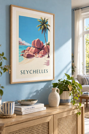 Poster of Anse Source d’Argent on La Digue in the Seychelles: framed on the wall