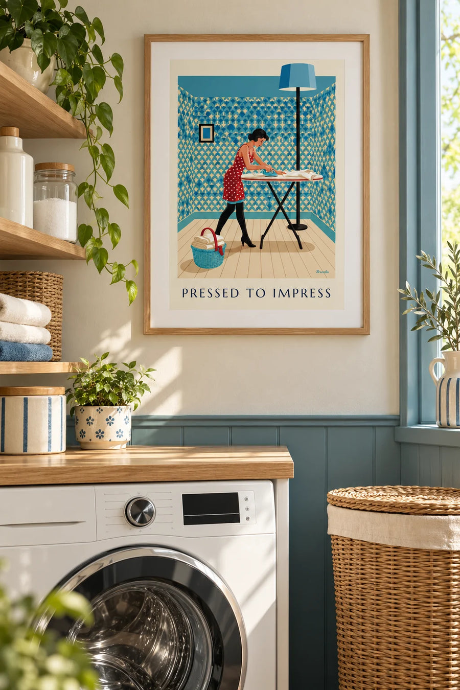 Poster pin-up die een overhemd strijkt op haar strijkplank: ingelijst aan de muur