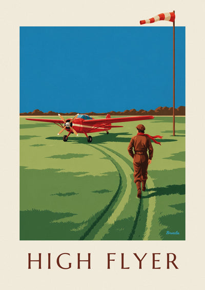 Poster vliegenierster en rood propellervliegtuig op een grasbaan: de hele poster