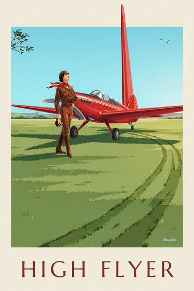 Affiche aviatrice et avion à hélice rouge sur une piste en herbe : l'affiche entière