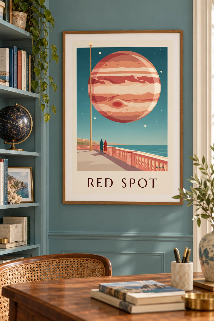 Poster van de planeet Jupiter met zijn grote rode vlek aan de hemel: ingelijst aan de muur