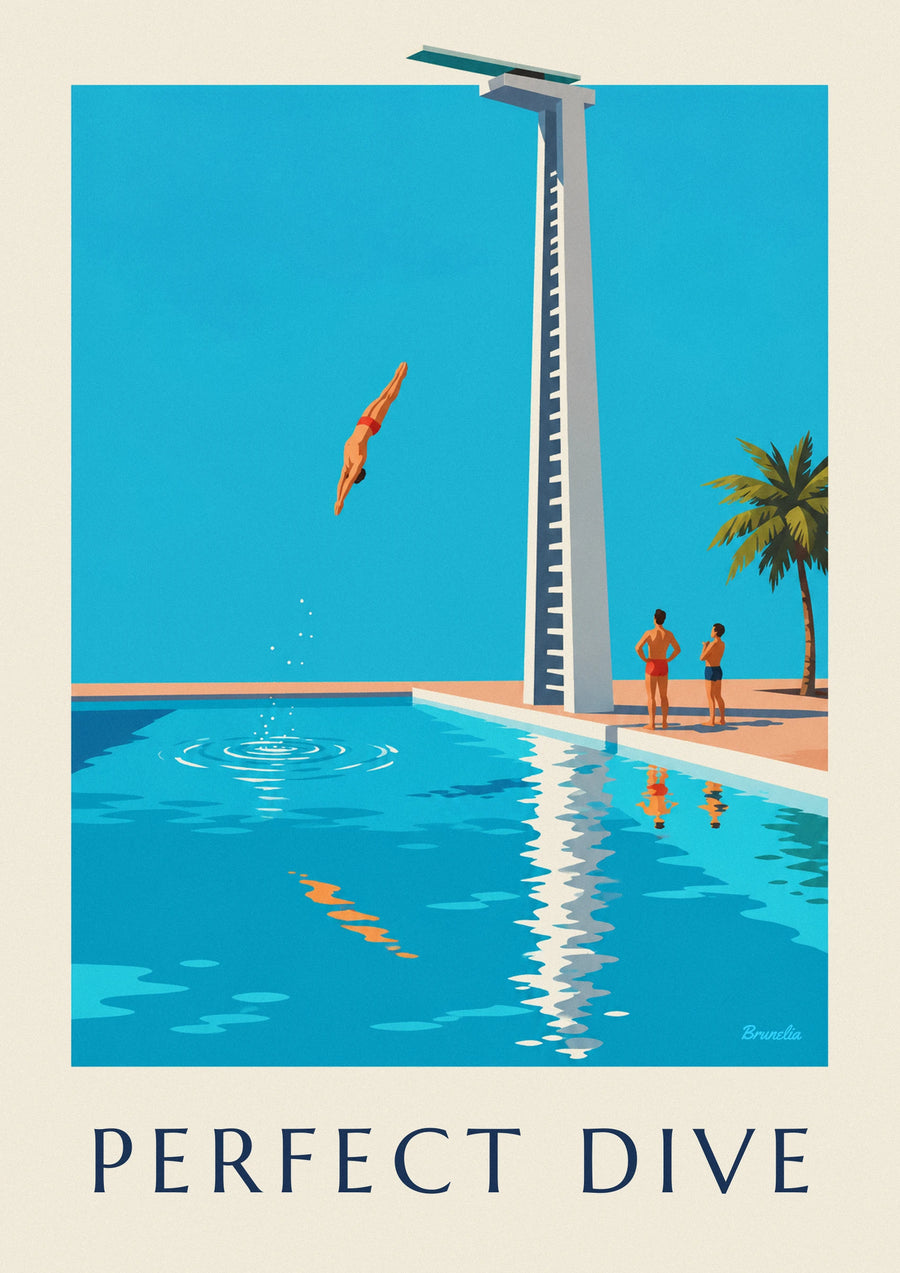 Poster duiker midden in een duik boven een zwembad