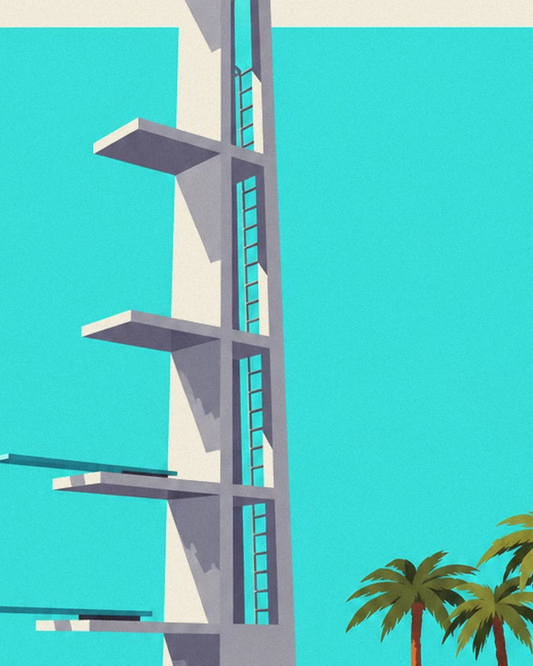 Outdoor pool diving board in the sun poster: close-up detail