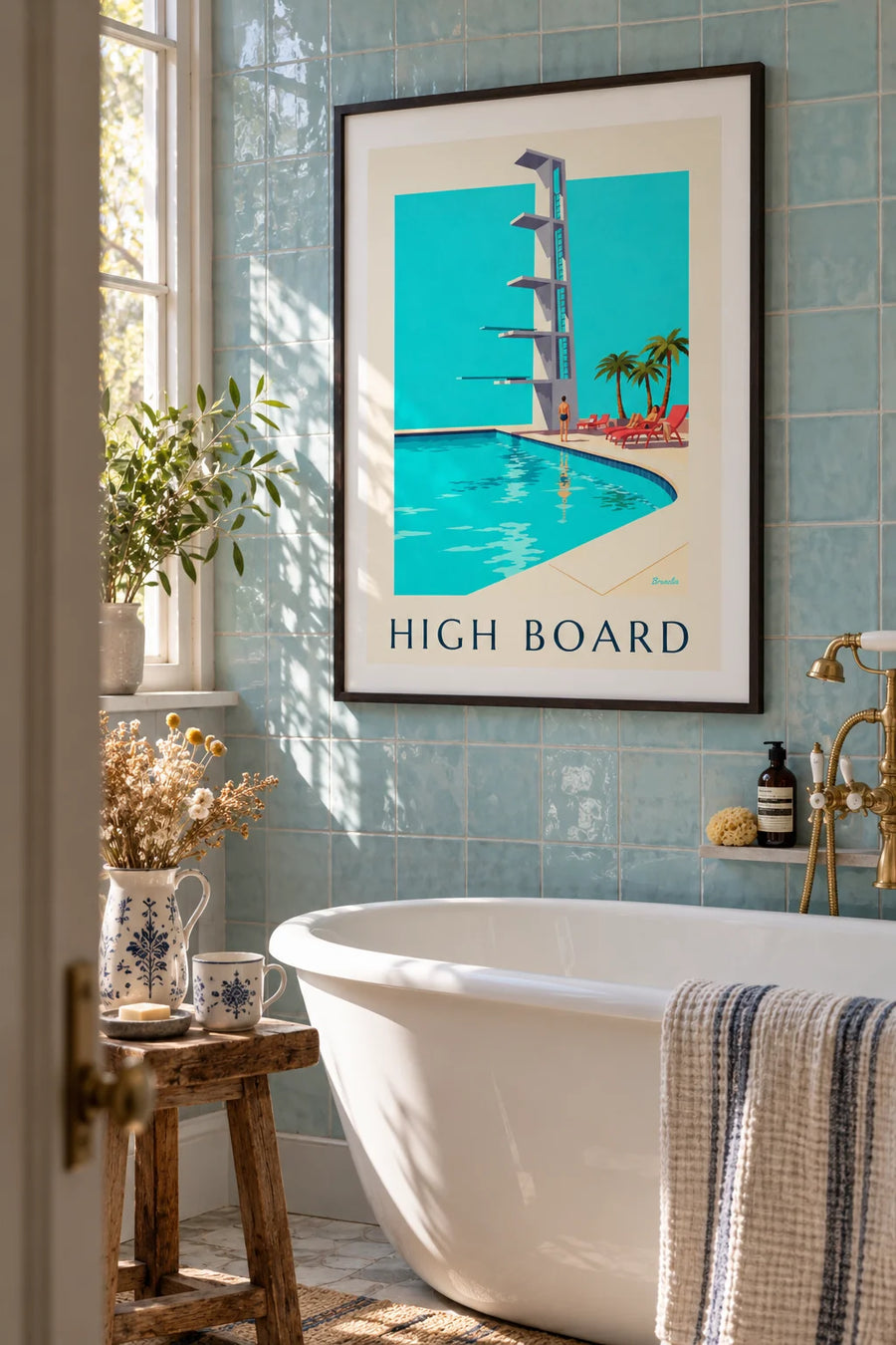 Poster duikplank van een buitenzwembad in de zon: ingelijst aan de muur