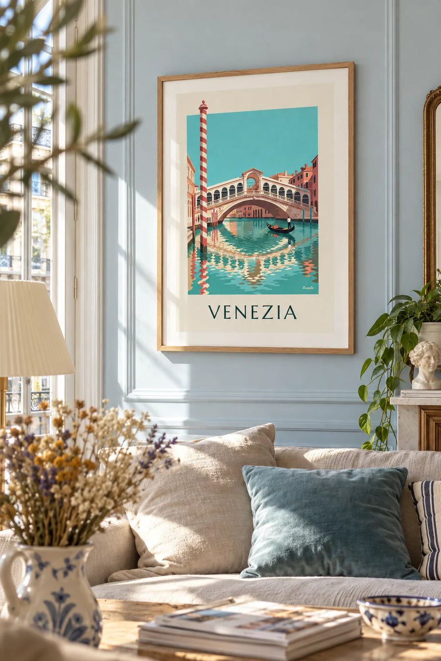Poster Rialtobrug en gondel op het Canal Grande in Venetië: ingelijst aan de muur