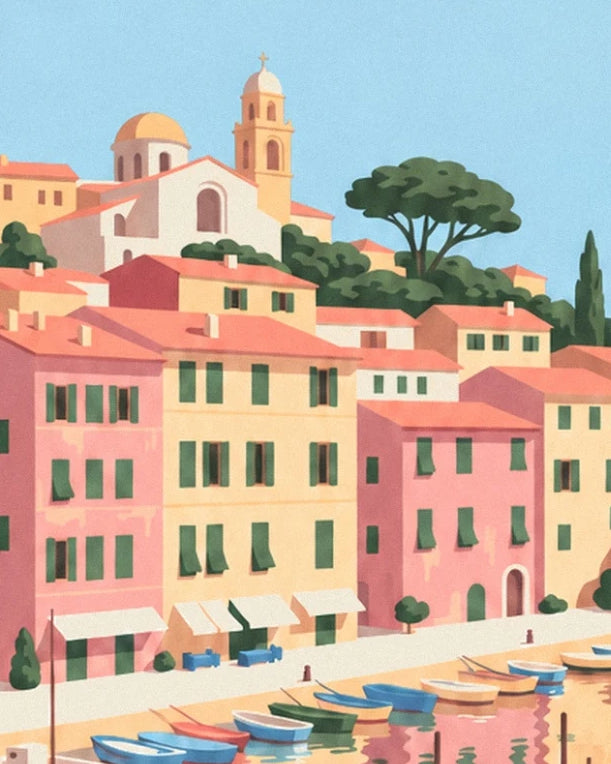 The pink and yellow harbour façades beneath the bell towers and umbrella pines