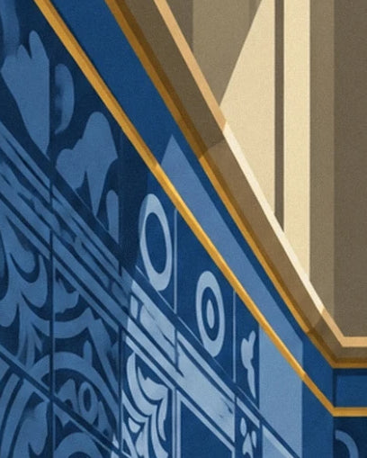 The blue azulejos with curved patterns beneath a cream cornice edged in ochre