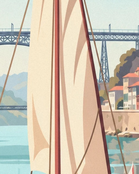The rabelo’s large cream sail and rigging, with the bridge in the background