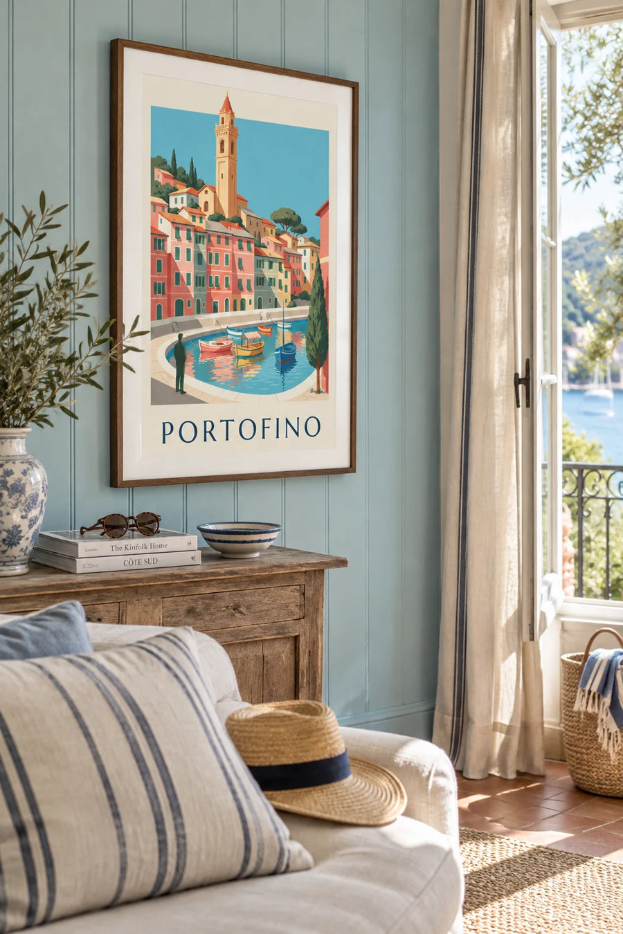Poster van kleurrijke boten in de haven van Portofino: ingelijst aan de muur