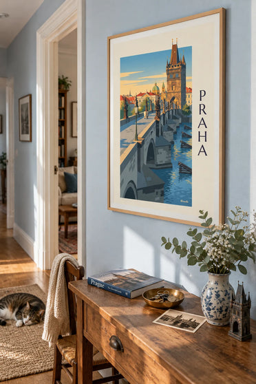 Poster Karelsbrug en Praagse Burcht aan de Moldau: ingelijst aan de muur