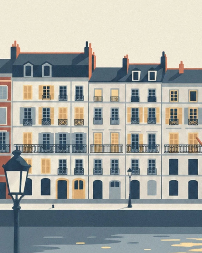 The pale façades with ornate balconies and the lampposts by the water