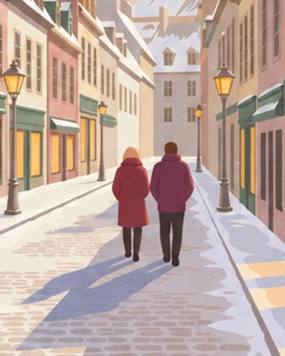 2 walkers in burgundy coats on the snowy street lined with street lamps