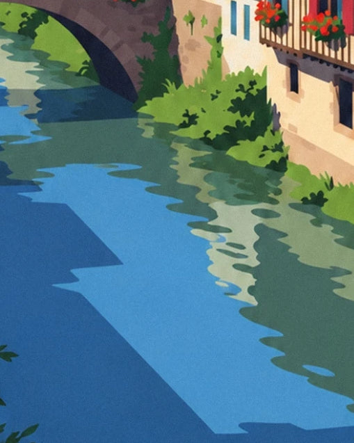 Blue and green reflections in the Odet beneath the houses and bridge