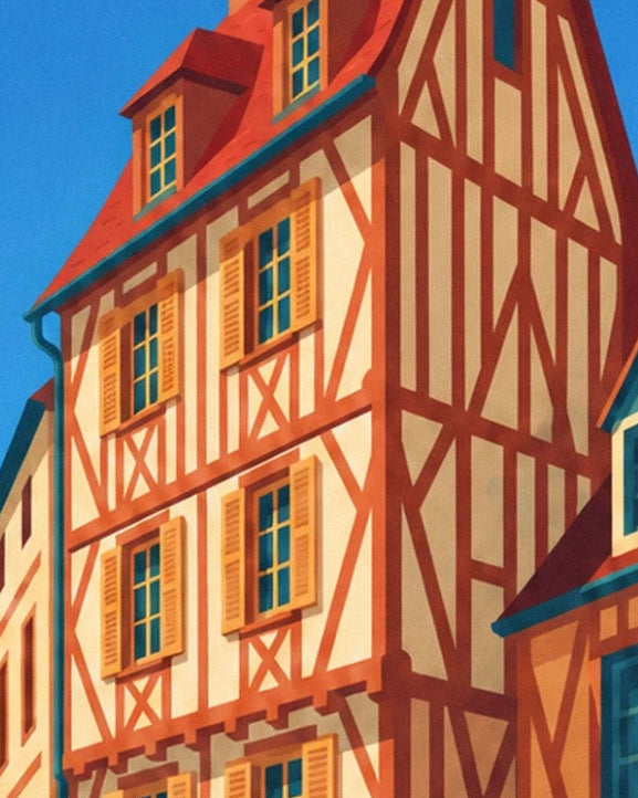 The tall façade with red timber framing and ochre window shutters