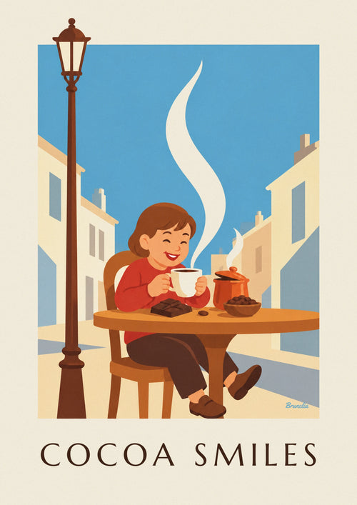 Poster lachend kind en grote kop warme chocolademelk: de hele poster