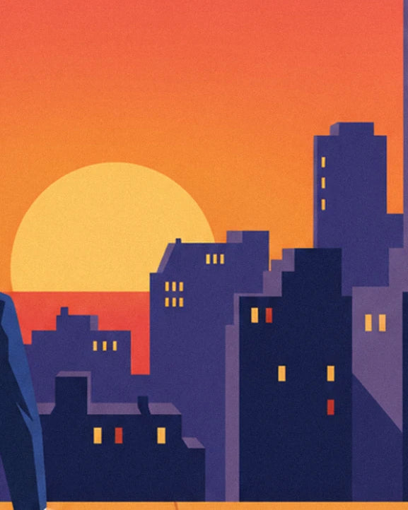 The yellow sun setting behind purple buildings with glowing windows
