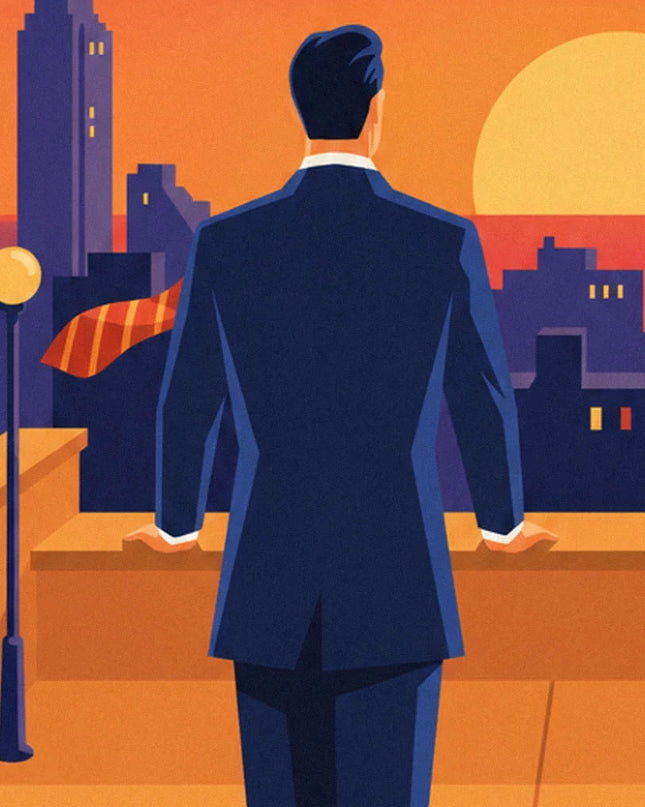 The businessman in a navy suit seen from behind, orange striped tie blowing in the wind, hands on the low wall