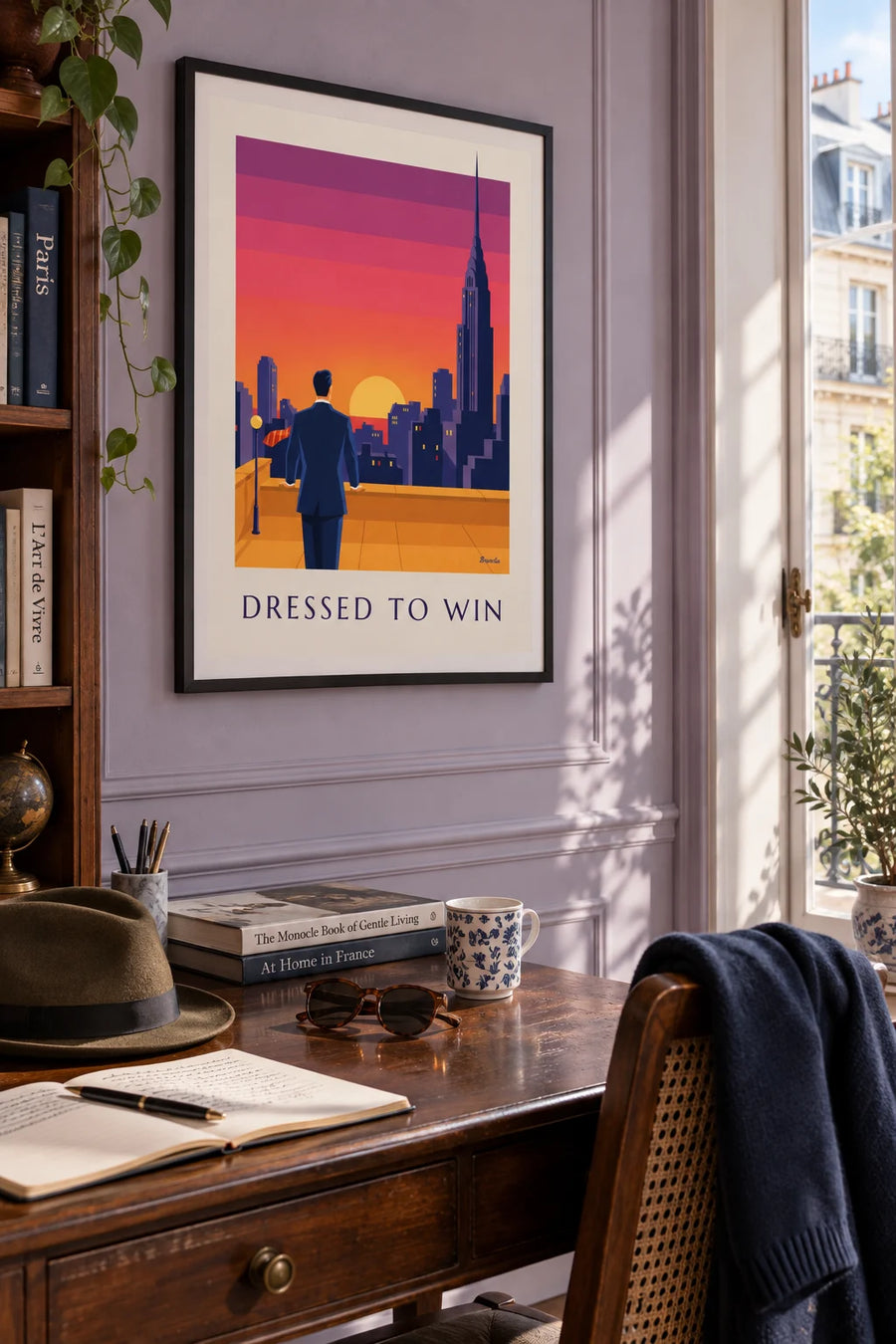 Poster of a businessman with his tie in the wind facing the sunset: framed on the wall