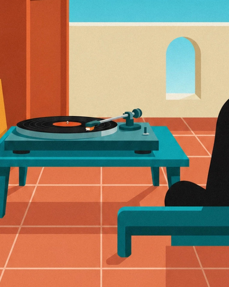 Spinning vinyl record turntable poster: close-up detail