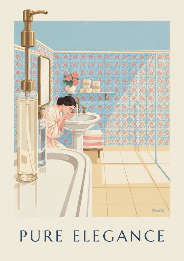 Sunny bathroom with soaps and porcelain sink poster