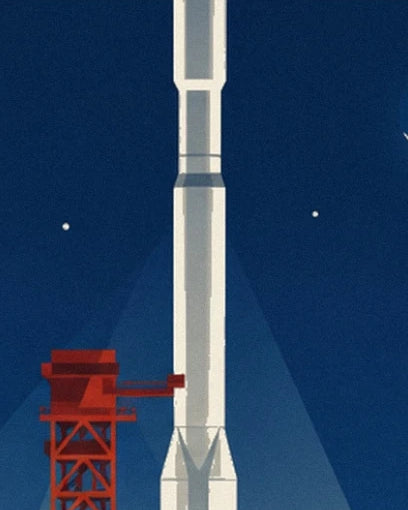 La fusée blanche et la tour rouge sous le ciel bleu étoilé