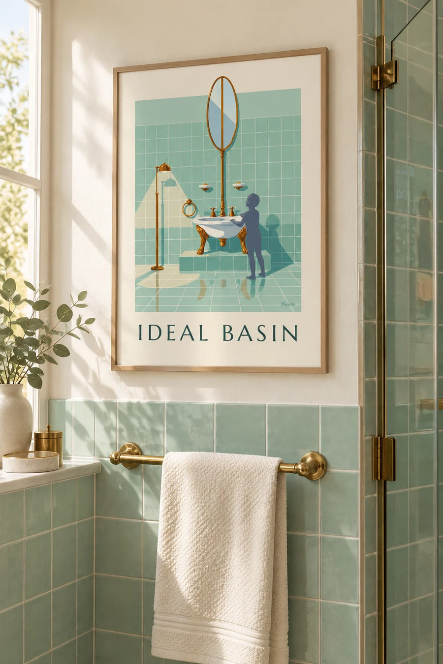 Poster porseleinen wastafel op pootjes voor de badkamer: ingelijst aan de muur