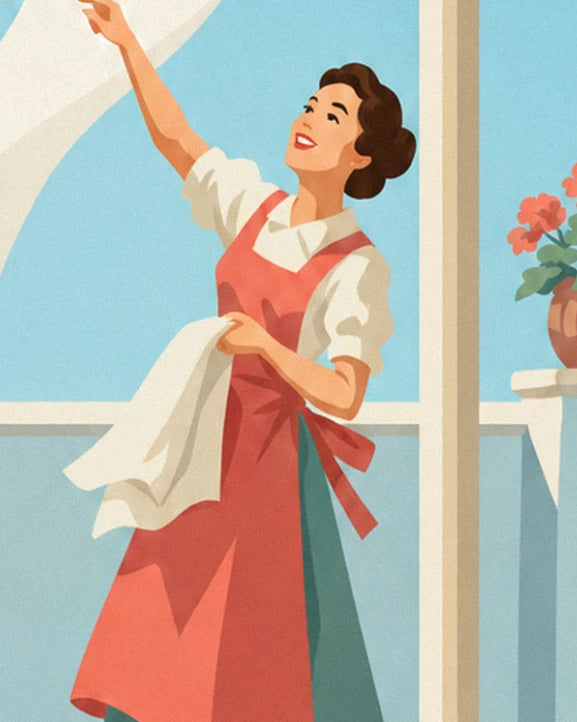 The housewife in a coral red apron, arm raised and a white cloth over her forearm, near the window