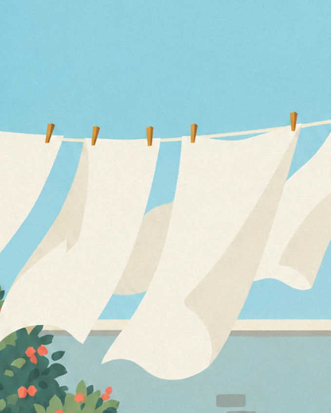 The white sheets billowing on the washing line, held by 5 wooden pegs against the blue sky