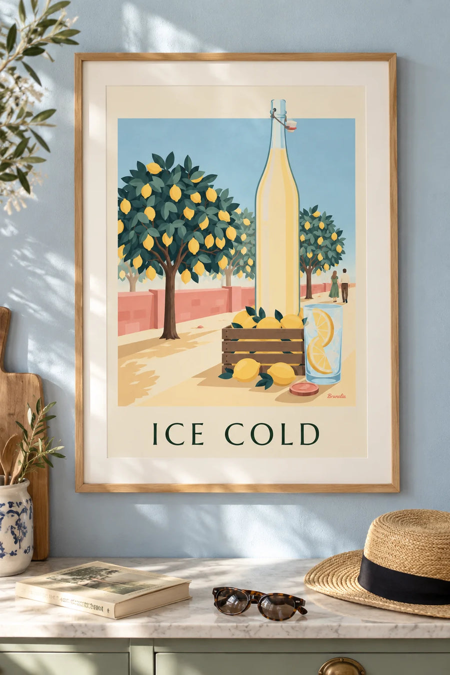 Affiche bouteille de limonade et cagette de citrons au verger : encadrée au mur