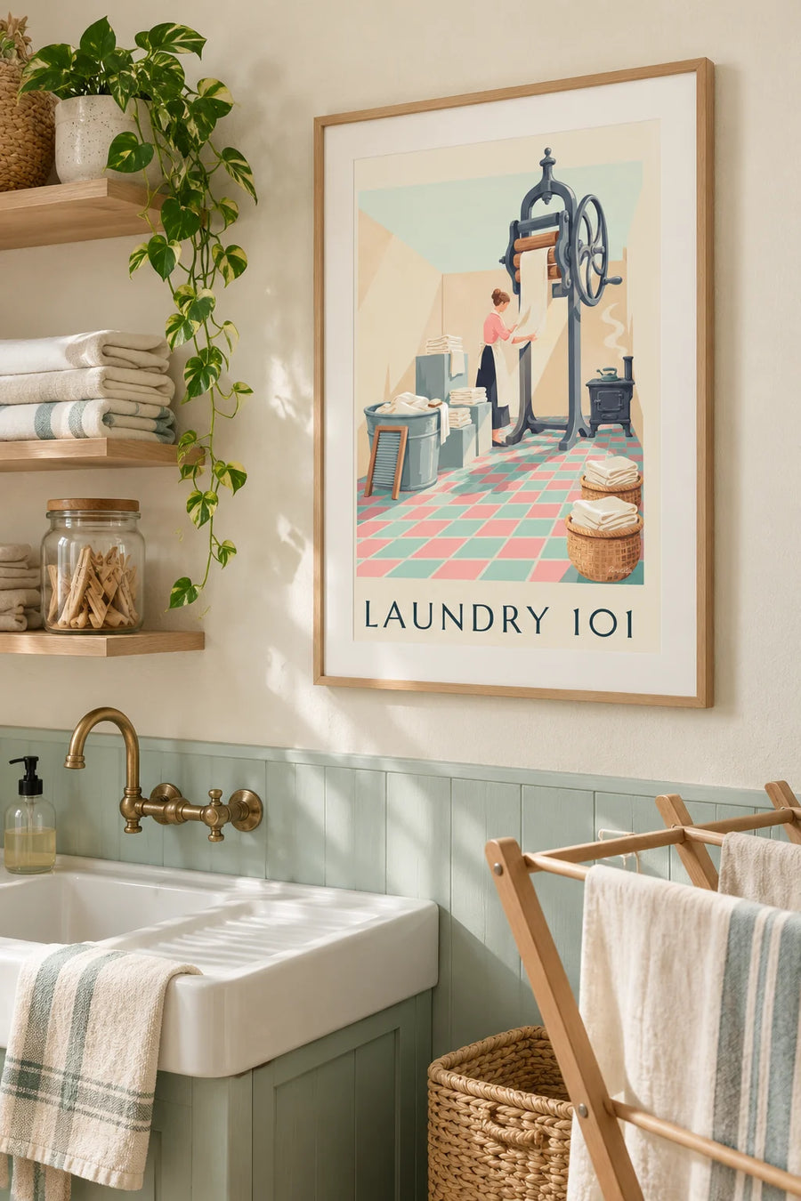 Poster bijkeuken, handleiding voor de was van vroeger: ingelijst aan de muur