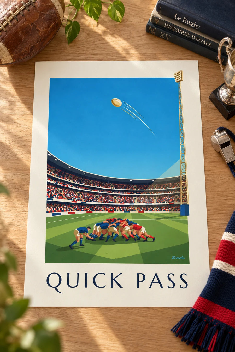 Poster of a scrum-half passing the ball from the base of a scrum: resting on a table