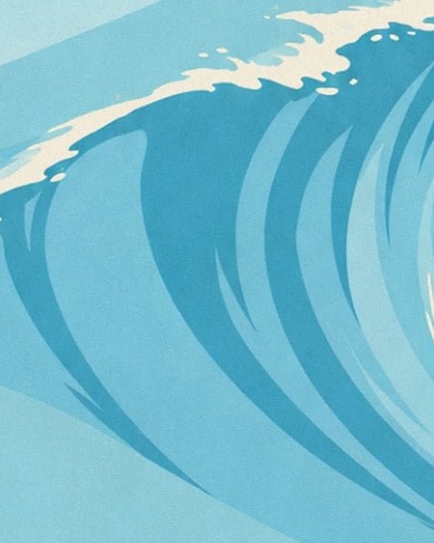 The face of the wave with blue curves topped by a crest of white foam