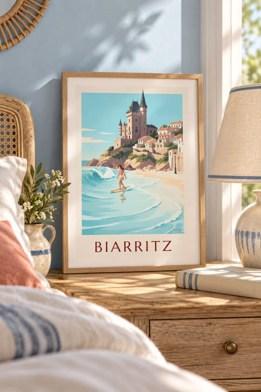 Poster longboardster bij de Côte des Basques in Biarritz: klein formaat A4 ingelijst