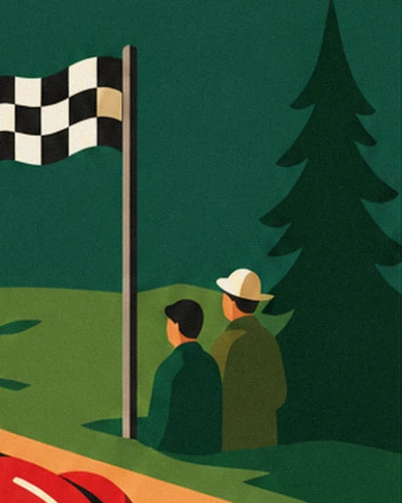 The chequered flag and 2 spectators seen from behind at the foot of a tall fir tree