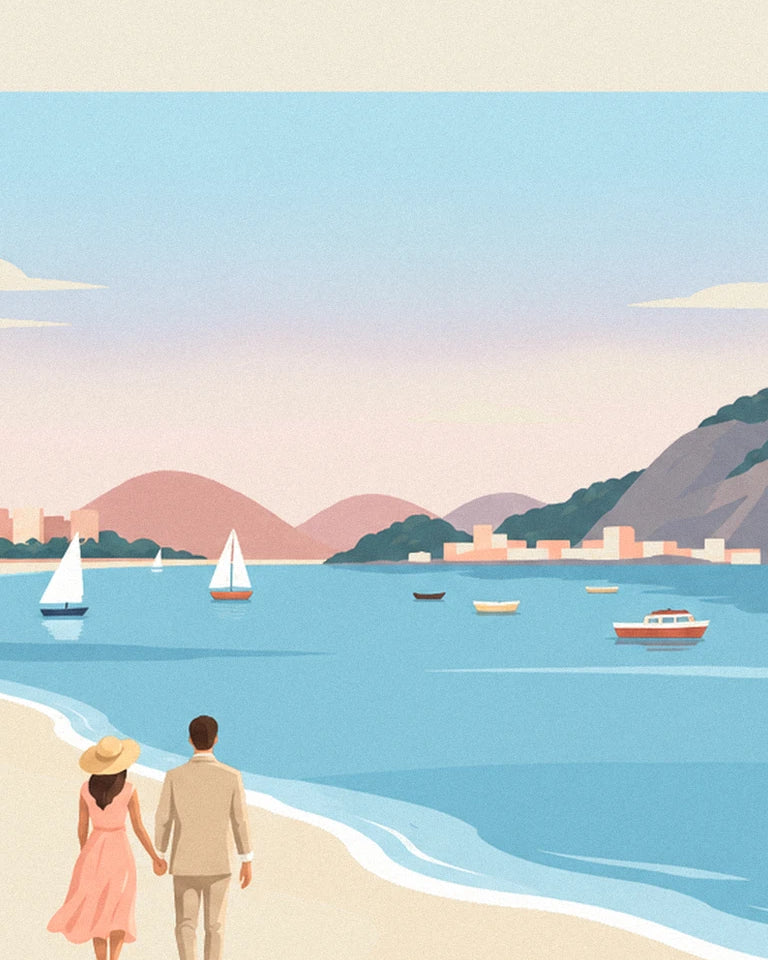 Poster koppel op het strand van Botafogo met de Suikerbroodberg in Rio: detail in close-up
