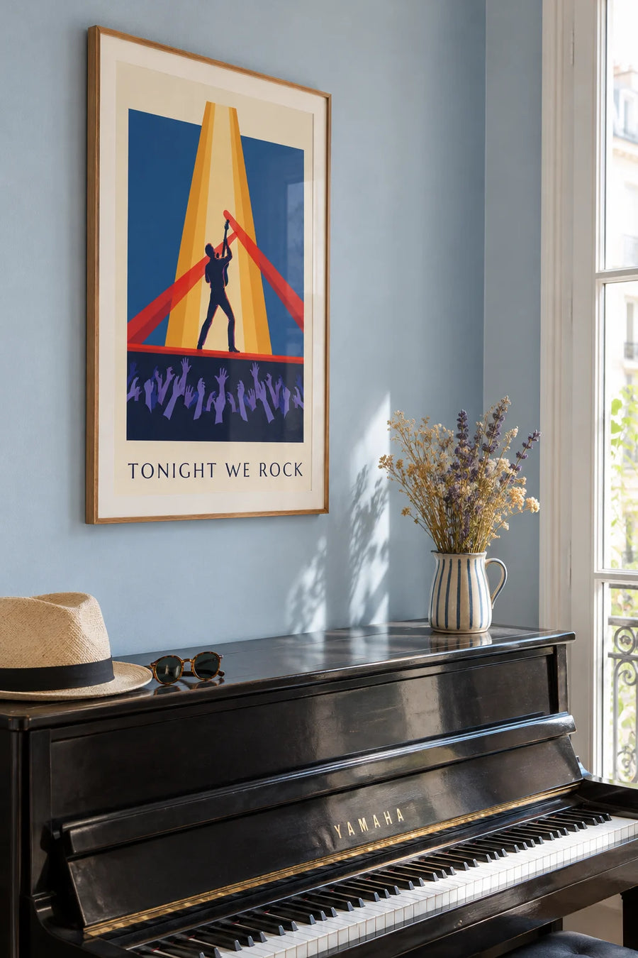 Guitarist at a rock concert at night poster: framed on the wall