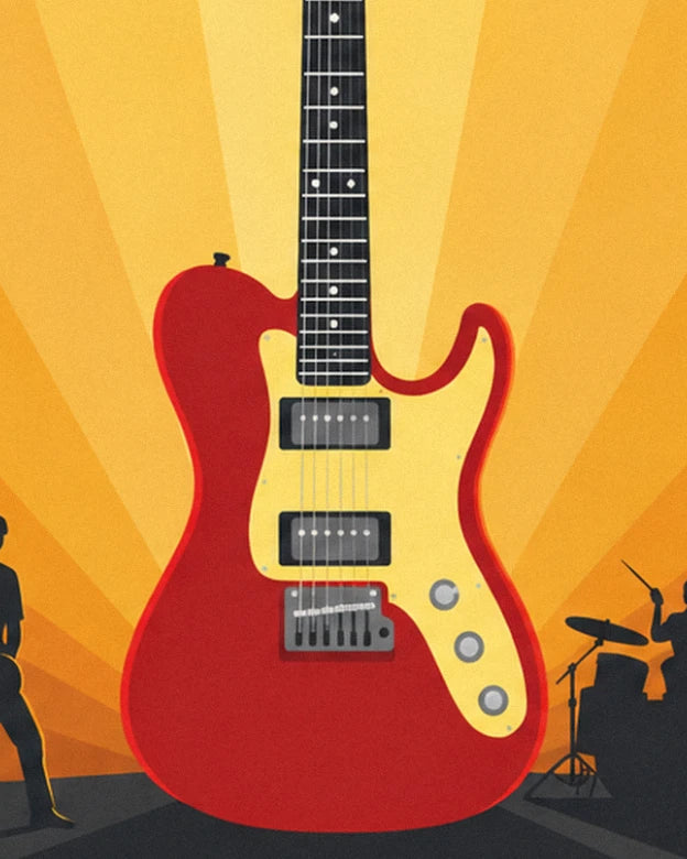 Guitare électrique rouge à plaque jaune, face aux rayons du soleil couchant
