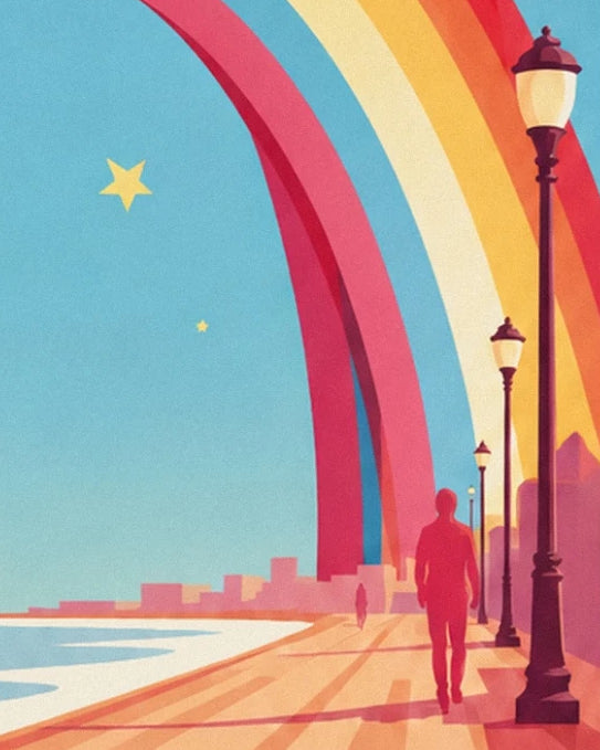 A silhouette and street lamps by the sea beneath a huge rainbow