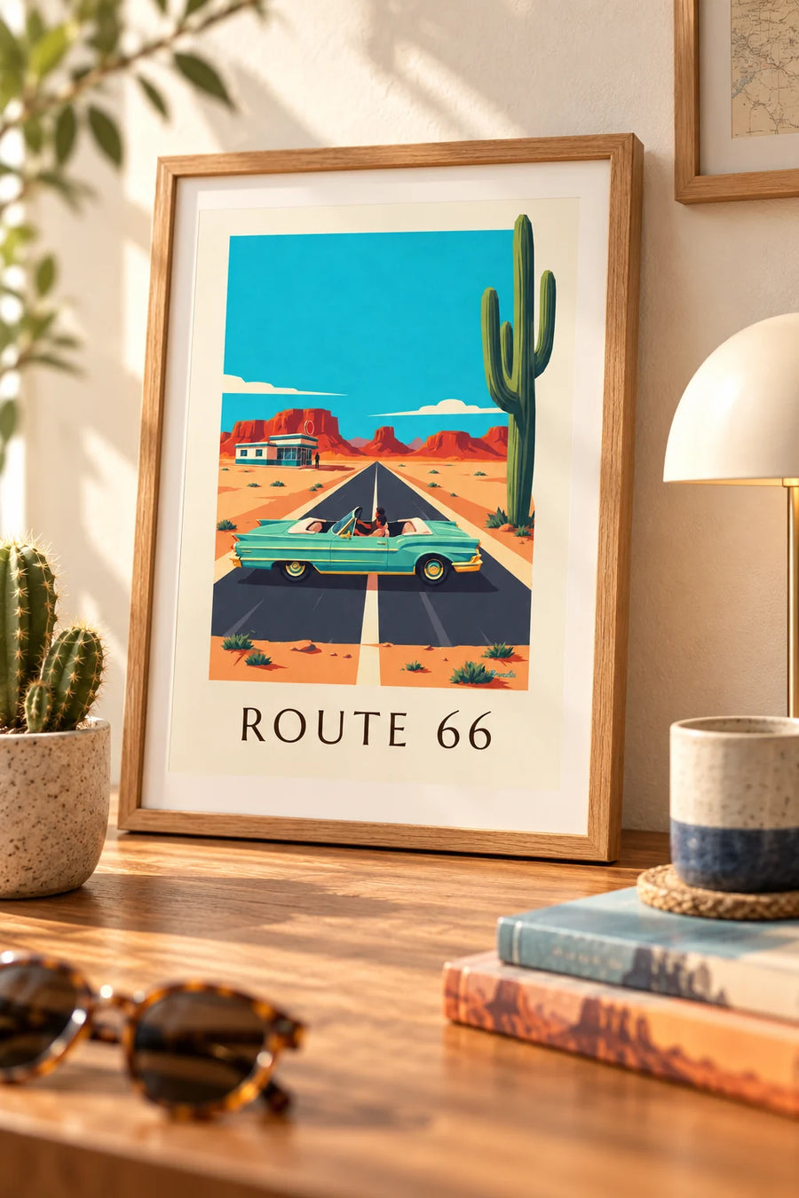 Affiche voiture sur la Route 66 dans le désert américain : petit format A4 encadré