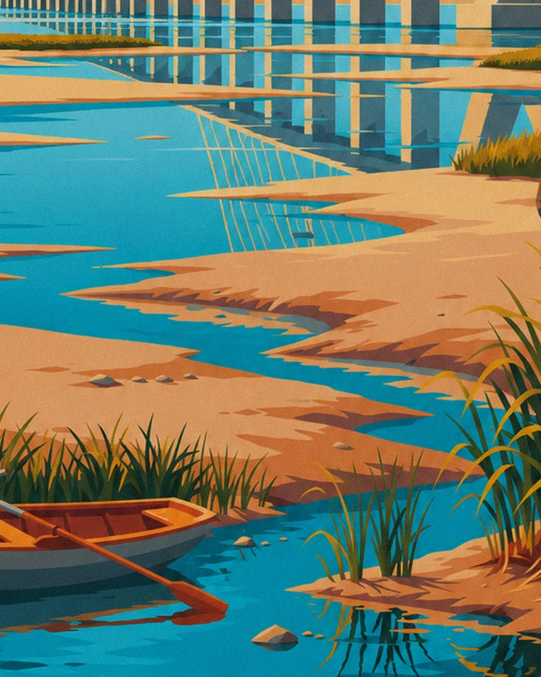 Poster brug van Saint-Nazaire en roeiboot op de Loire-monding: detail in close-up
