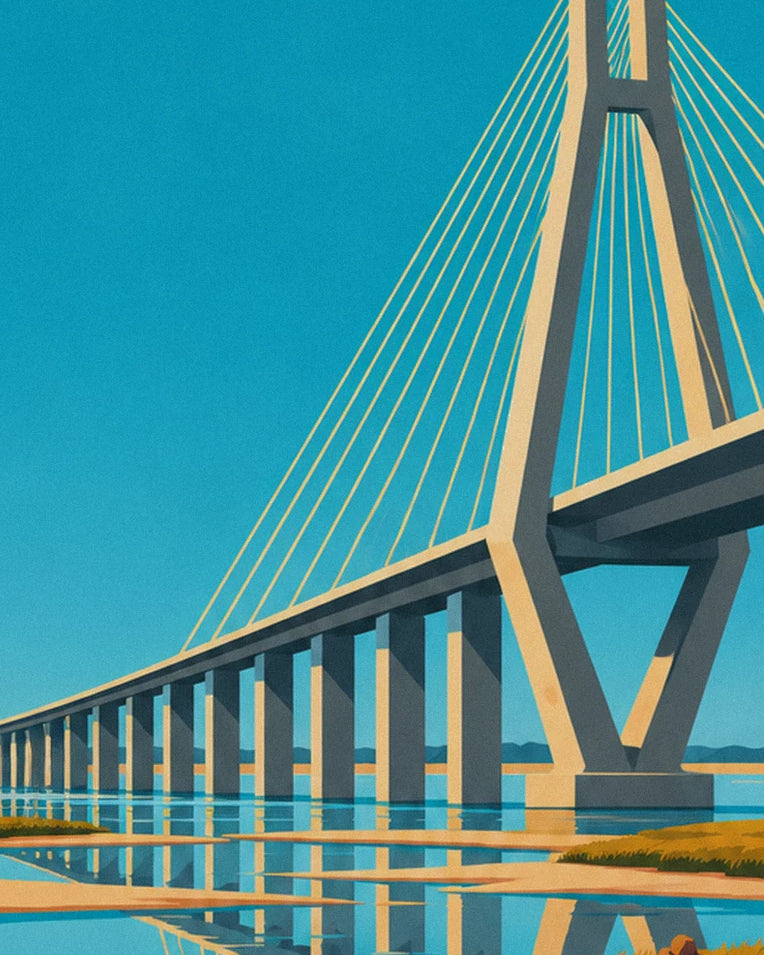 Poster brug van Saint-Nazaire en roeiboot op de Loire-monding: detail in close-up