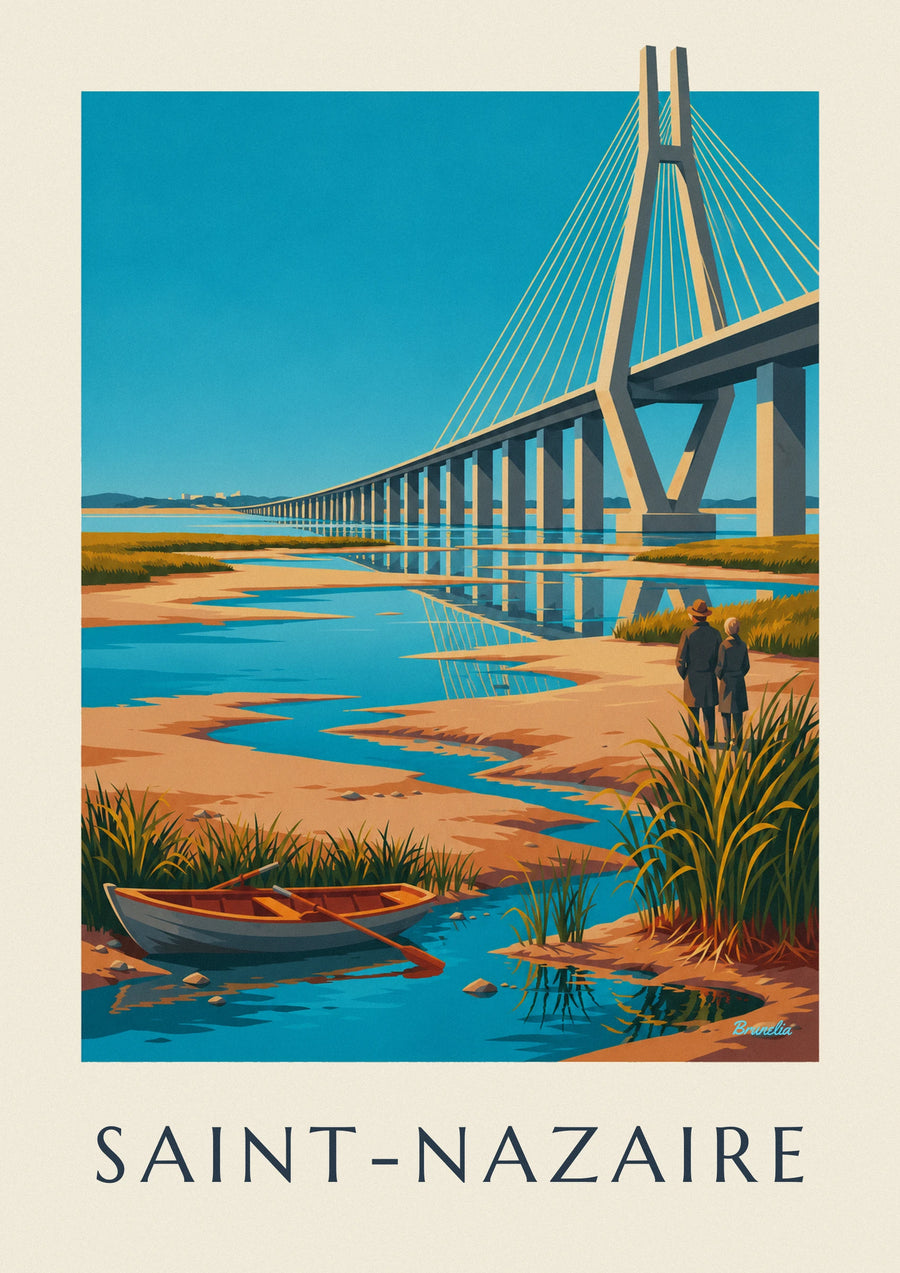 Poster brug van Saint-Nazaire en roeiboot op de Loire-monding