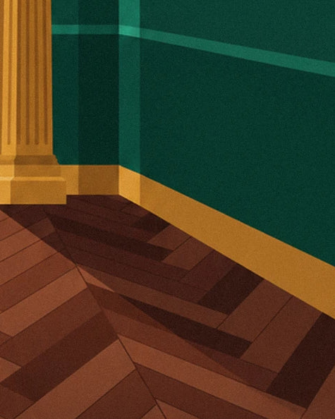 Parquet en chevrons de bois brun, plinthe dorée et pied de colonne cannelée au coin du mur vert