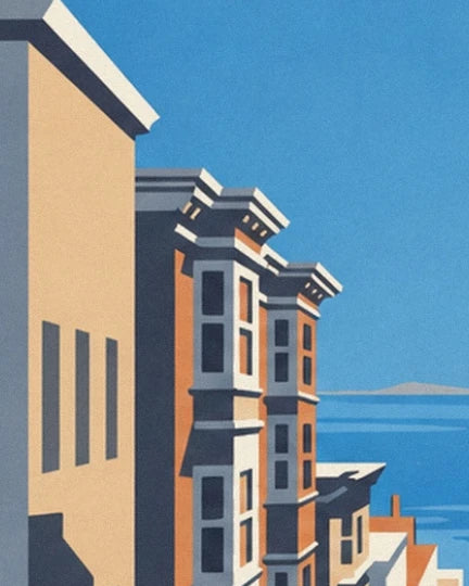 The ochre façades with bay windows, with the blue bay of San Francisco in the distance
