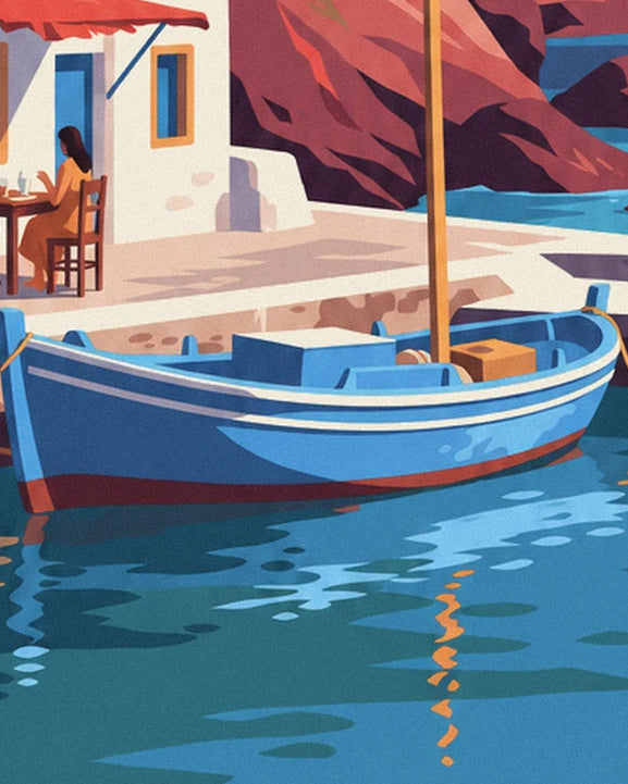 The blue boat moored at the quay in Ammoudi and its reflections in the turquoise water